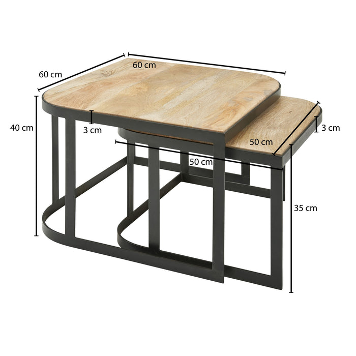 Couchtisch 2er Set Mango Massivholz / Metall Wohnzimmertisch Hell | Industrial Satztisch Beistelltisch Metallbeine Schwarz | Tischset 2-teilig Satztisch Holz - Industrieelinhuis.nl