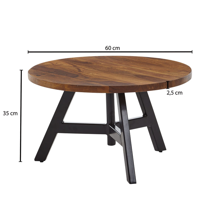 Couchtisch 60x60x35 cm Sheesham Massivholz / Metall Sofatisch Rund | Design Wohnzimmertisch Kaffeetisch Massiv | Kleiner Tisch Beistelltisch Wohnzimmer Modern - Industrieelinhuis.nl