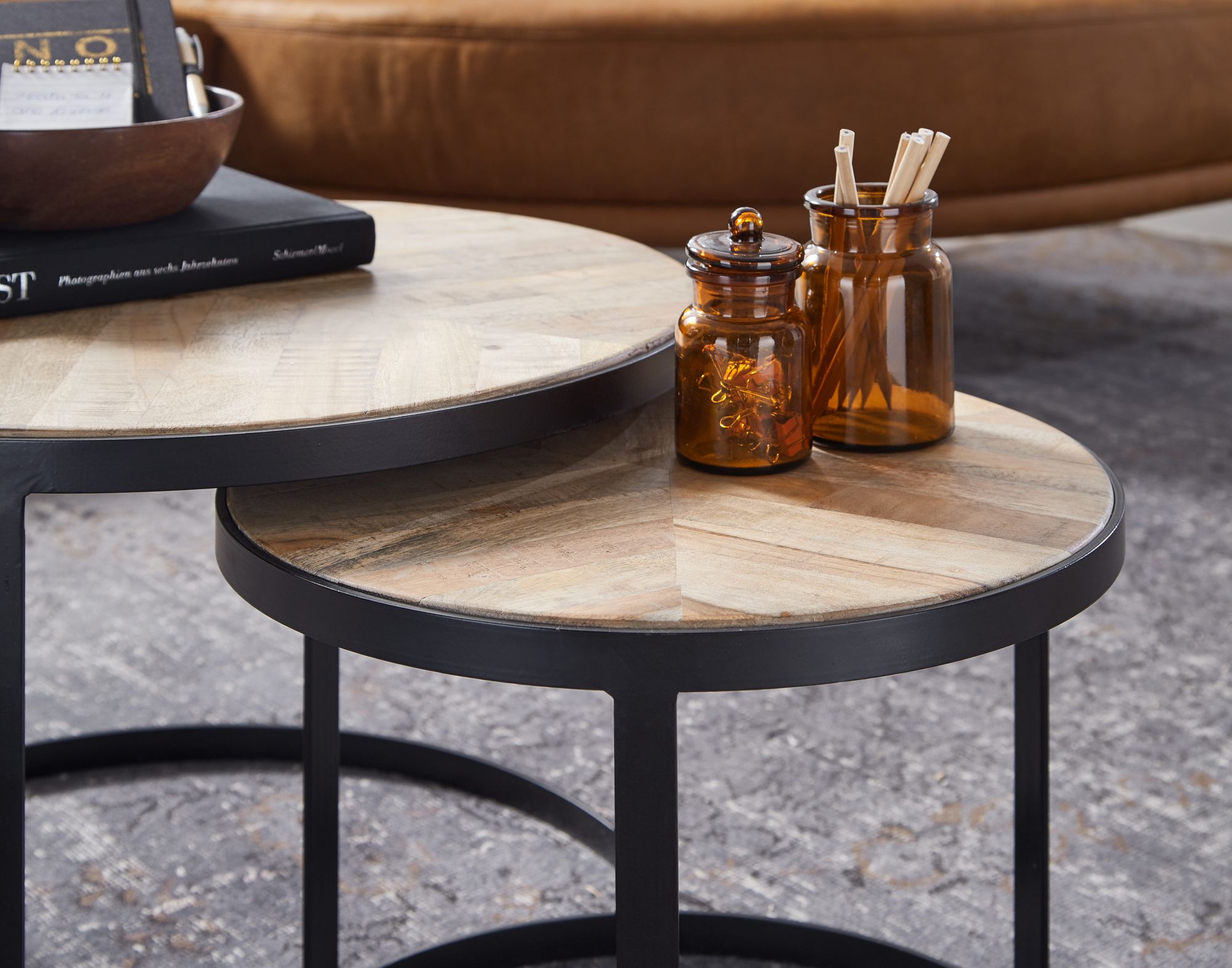 Salontafel set van 2 | Mangohout - Zwart onderstel | Ø 60 / 44 cm