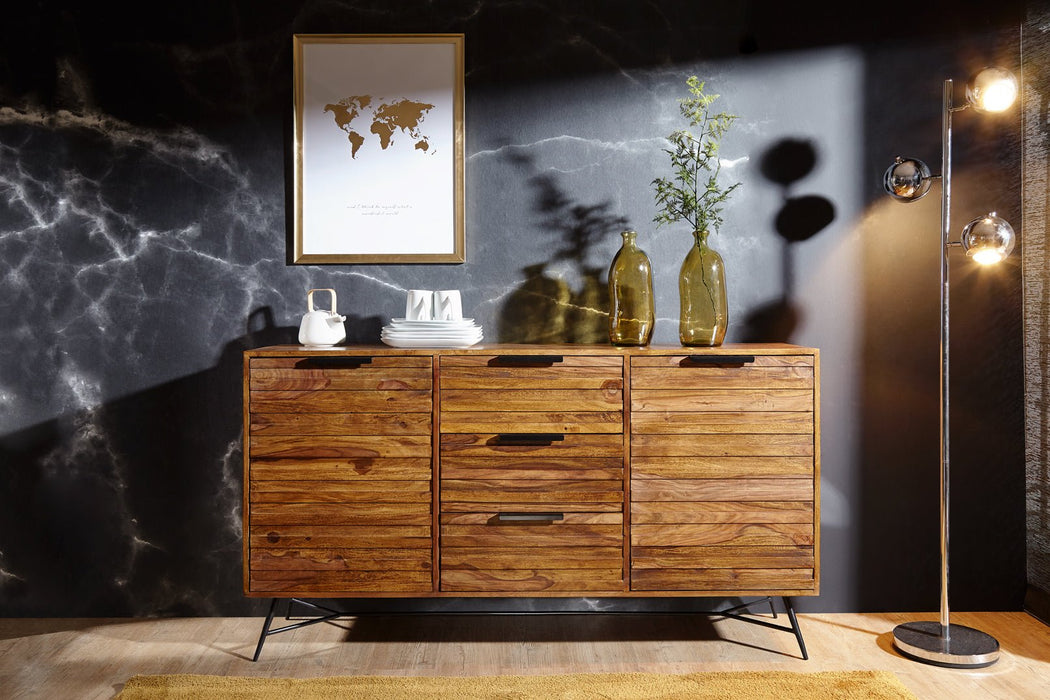 Design Sideboard NISHAN 160 x 40 x 88 cm Sheesham Massiv Holz | Kommode mit Türen & Schubladen | Massive Anrichte Industrial | Massivholz Schrank mit Metallbeinen - Industrieelinhuis.nl