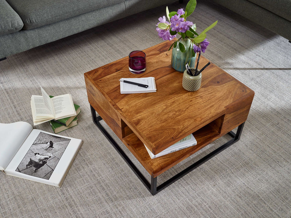Couchtisch 60x60x34,5 cm Sheesham Massivholz / Metall Sofatisch Eckig | Wohnzimmertisch mit Stauraum | Kaffeetisch Massiv | Kleiner Tisch Beistelltisch Wohnzimmer Modern Quadratisch - Industrieelinhuis.nl
