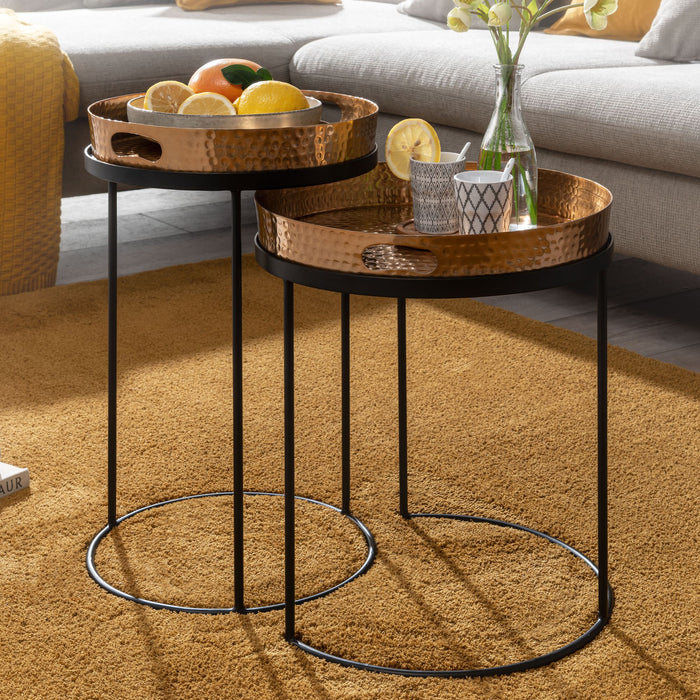 Beistelltisch 2er Set Gold / Schwarz Metall Hammerschlag Satztisch Rund | Couchtisch abnehmbares Tablett | Tabletttisch Sofa 2 teilig Modern | Runder Sofatisch - Industrieelinhuis.nl