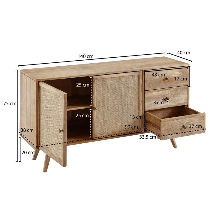 Design Sideboard 140x75x40 cm Mango Massivholz | Kommode 3 Schubladen | Hoher Kommodenschrank Holz Massiv | Standschrank Wohnzimmer | 2 Türfächer - Industrieelinhuis.nl