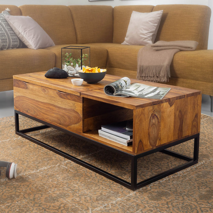 Couchtisch Sheesham Massivholz 110x40x50 cm Sofatisch mit Metallbeinen | Wohnzimmertisch Tischplatte aufklappbar | Holztisch Tisch Industrial Design - Industrieelinhuis.nl