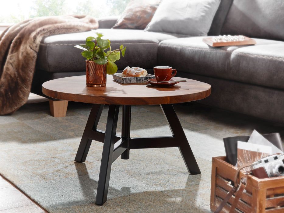 Couchtisch 60x60x35 cm Sheesham Massivholz / Metall Sofatisch Rund | Design Wohnzimmertisch Kaffeetisch Massiv | Kleiner Tisch Beistelltisch Wohnzimmer Modern - Industrieelinhuis.nl