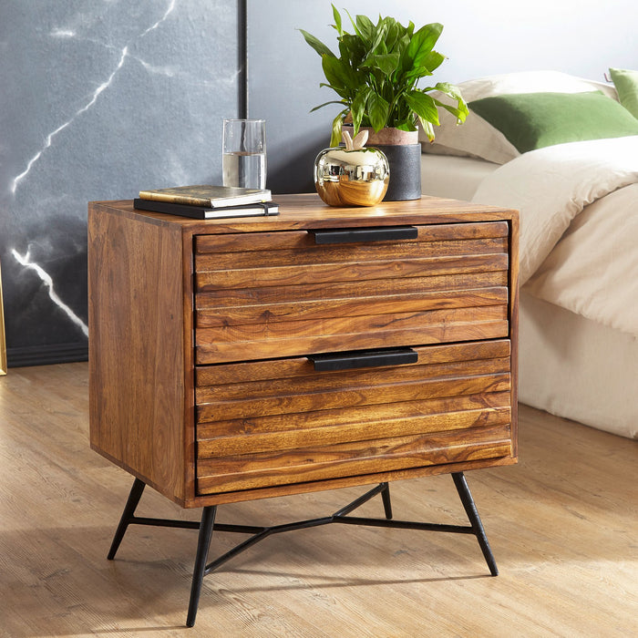 Nachtkonsole NISHAN 60 x 60 x 40 cm Sheesham Beistelltisch | Design Nachtkommode Boxspringbett | Nachttisch mit Schubladen | Beistellschrank mit Stauraum | Nachttischkästchen hoch - Industrieelinhuis.nl