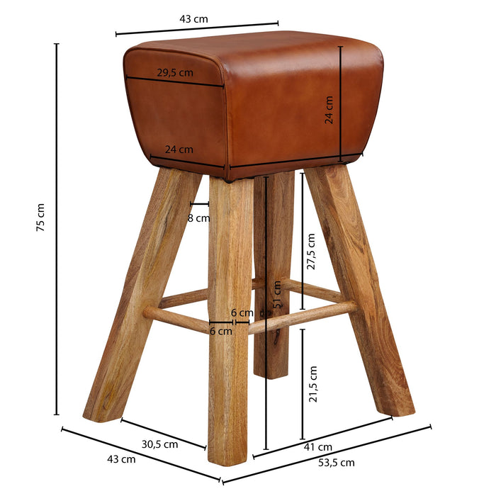 Barhocker Turnbock 43x75x43 cm Mango Massivholz / Echtleder | Design Barstuhl Braun | Lederhocker ohne Lehne | Country Hocker Tresenstuhl - Industrieelinhuis.nl