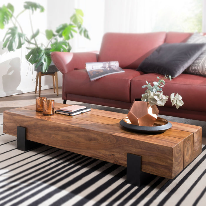 Couchtisch 115x22x44cm Sheesham Massivholz / Metall Sofatisch | Design Wohnzimmertisch Modern | Stubentisch Braun / Schwarz | Designer Kaffeetisch Massiv | Tisch Wohnzimmer Rechteckig - Industrieelinhuis.nl