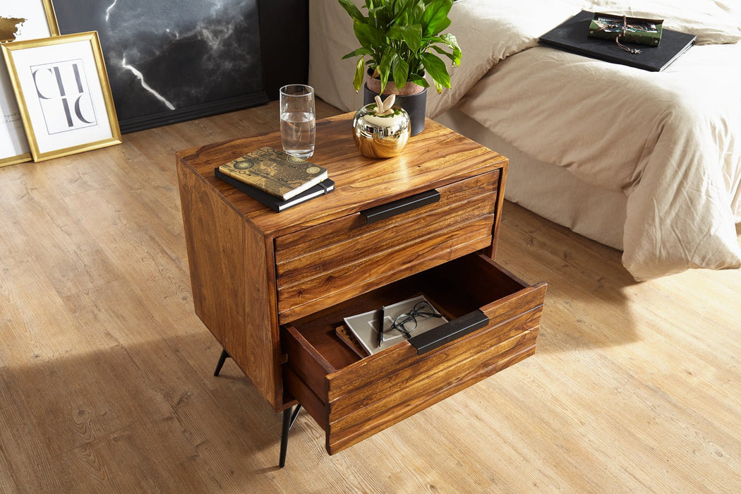 Nachtkonsole NISHAN 60 x 60 x 40 cm Sheesham Beistelltisch | Design Nachtkommode Boxspringbett | Nachttisch mit Schubladen | Beistellschrank mit Stauraum | Nachttischkästchen hoch - Industrieelinhuis.nl