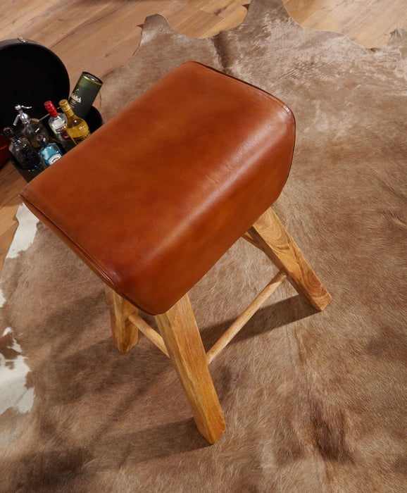 Barhocker Turnbock 43x75x43 cm Mango Massivholz / Echtleder | Design Barstuhl Braun | Lederhocker ohne Lehne | Country Hocker Tresenstuhl - Industrieelinhuis.nl