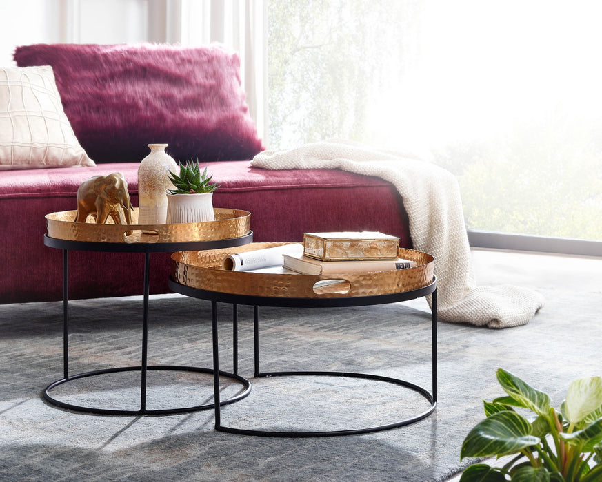 Couchtisch 2er Set Gold / Schwarz Metall Hammerschlag Satztisch Rund | Sofatisch abnehmbares Tablett | Tabletttisch Sofa 2 teilig Modern | Runder Beistelltisch - Industrieelinhuis.nl