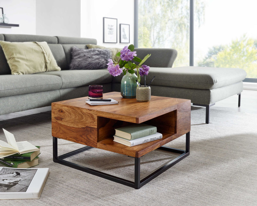 Couchtisch 60x60x34,5 cm Sheesham Massivholz / Metall Sofatisch Eckig | Wohnzimmertisch mit Stauraum | Kaffeetisch Massiv | Kleiner Tisch Beistelltisch Wohnzimmer Modern Quadratisch - Industrieelinhuis.nl