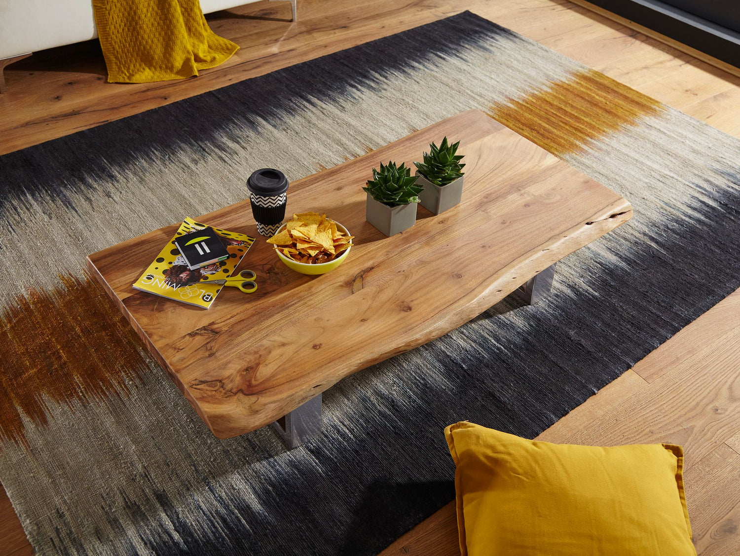 Salontafel 115 x 25 x 58 cm massief acaciahout metalen frame groot | Boomstam salontafel massief hout bruin | Boomrand tafel houten tafel | Tafel woonkamer salontafel