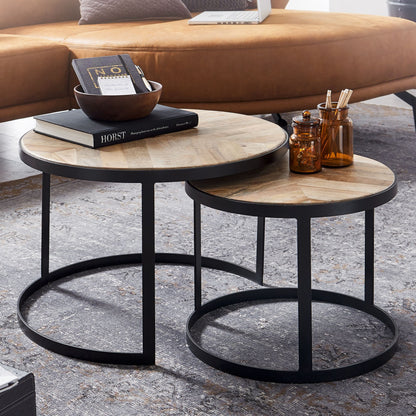 Salontafel set van 2 | Mangohout - Zwart onderstel | Ø 60 / 44 cm