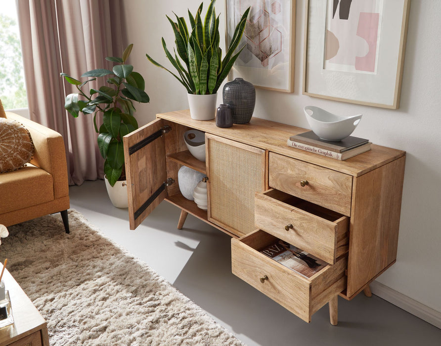 Design Sideboard 140x75x40 cm Mango Massivholz | Kommode 3 Schubladen | Hoher Kommodenschrank Holz Massiv | Standschrank Wohnzimmer | 2 Türfächer - Industrieelinhuis.nl