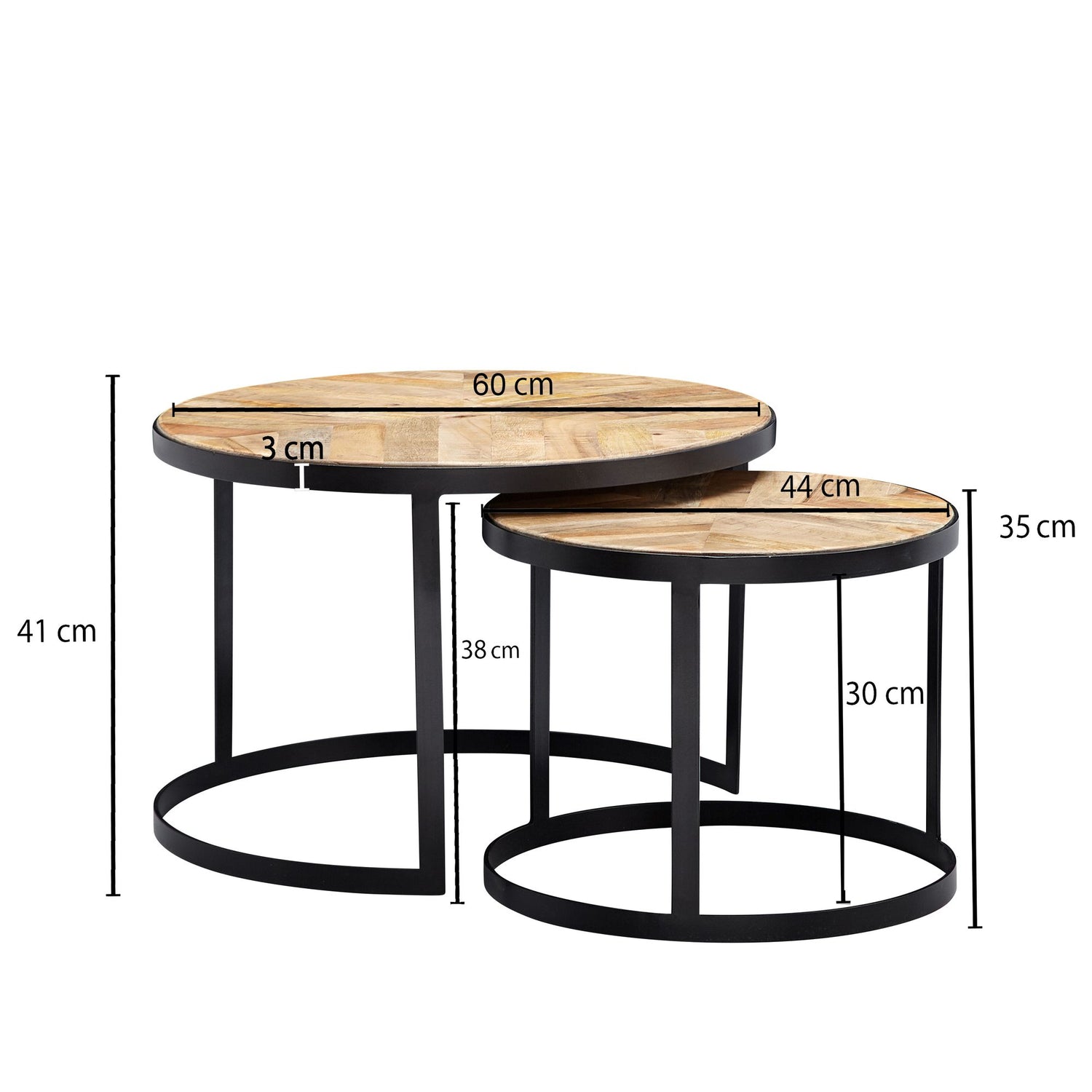 Couchtisch 2er Set Massivholz / Metall Wohnzimmertisch Industrial Rund | Beistelltisch mit Metallbeine Schwarz | Tischset 2-teilig Satztisch Holz - Industrieelinhuis.nl