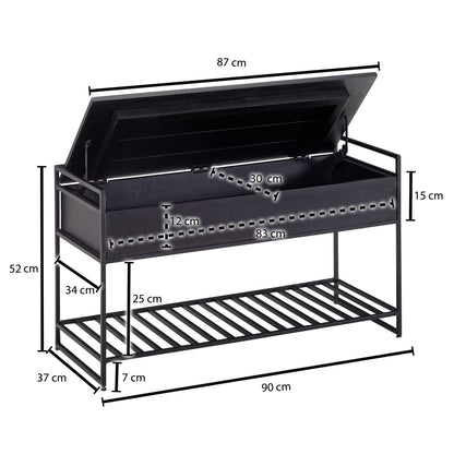 Sitzbank mit Stauraum 90x52x38 cm Mango Massivholz / Metall Flurbank Schwarz | Schuhbank mit Sitzfläche Klein | Schmale Garderobenbank mit Schuhregal - Industrieelinhuis.nl