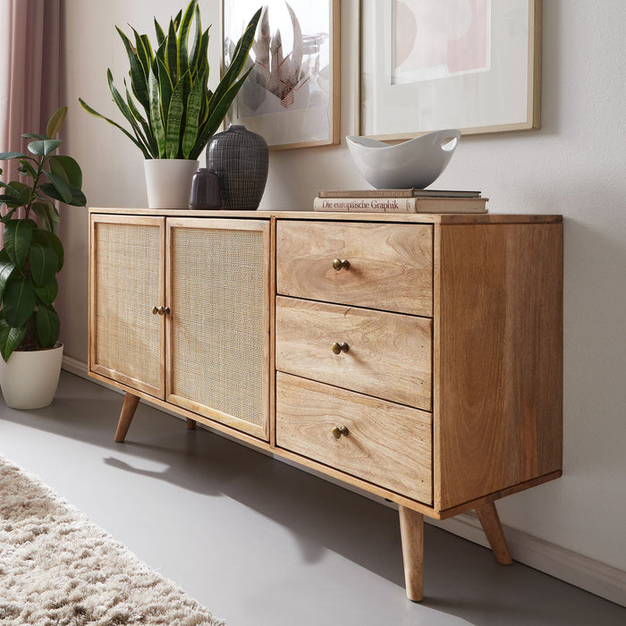Design Sideboard 140x75x40 cm Mango Massivholz | Kommode 3 Schubladen | Hoher Kommodenschrank Holz Massiv | Standschrank Wohnzimmer | 2 Türfächer - Industrieelinhuis.nl
