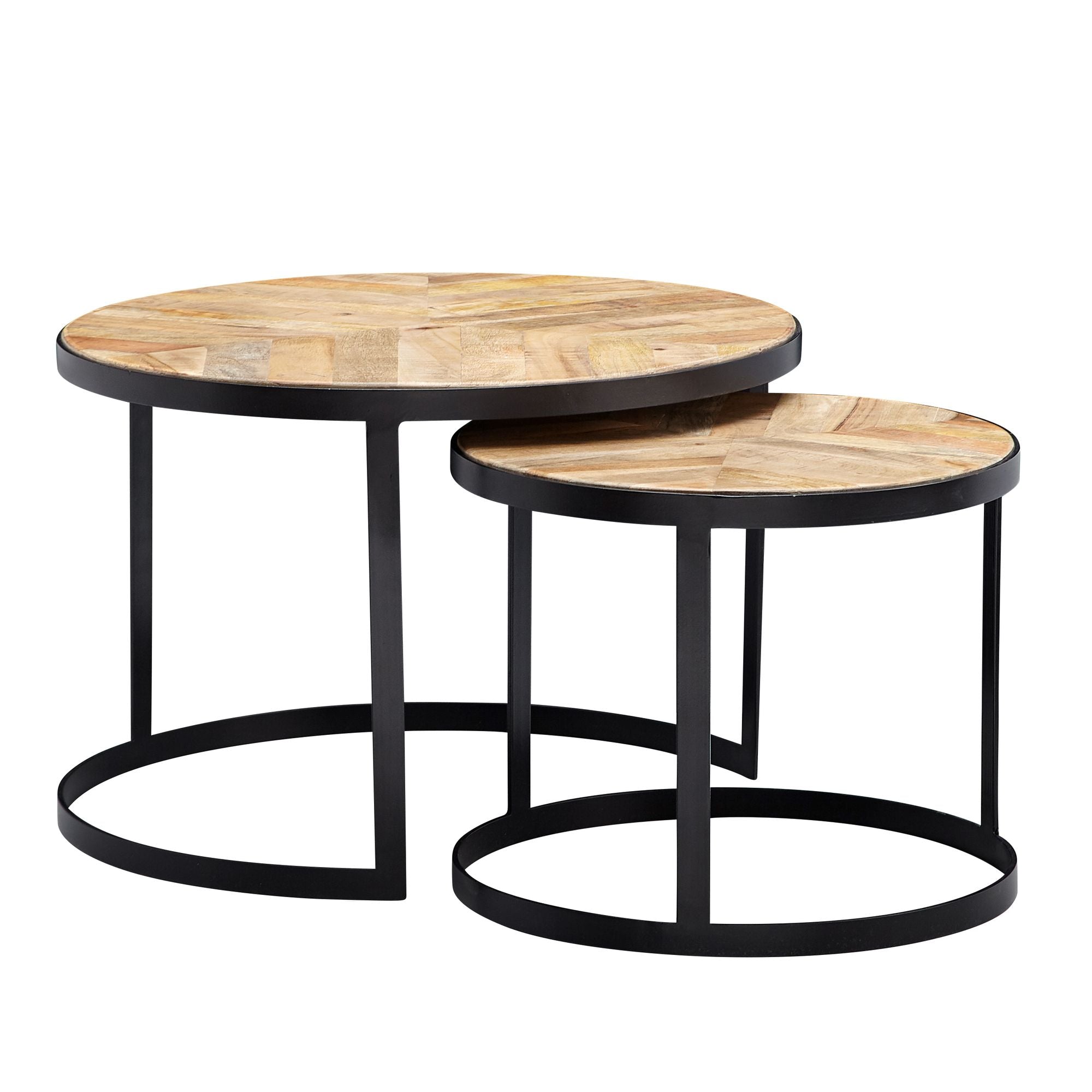 Couchtisch 2er Set Massivholz / Metall Wohnzimmertisch Industrial Rund | Beistelltisch mit Metallbeine Schwarz | Tischset 2-teilig Satztisch Holz - Industrieelinhuis.nl