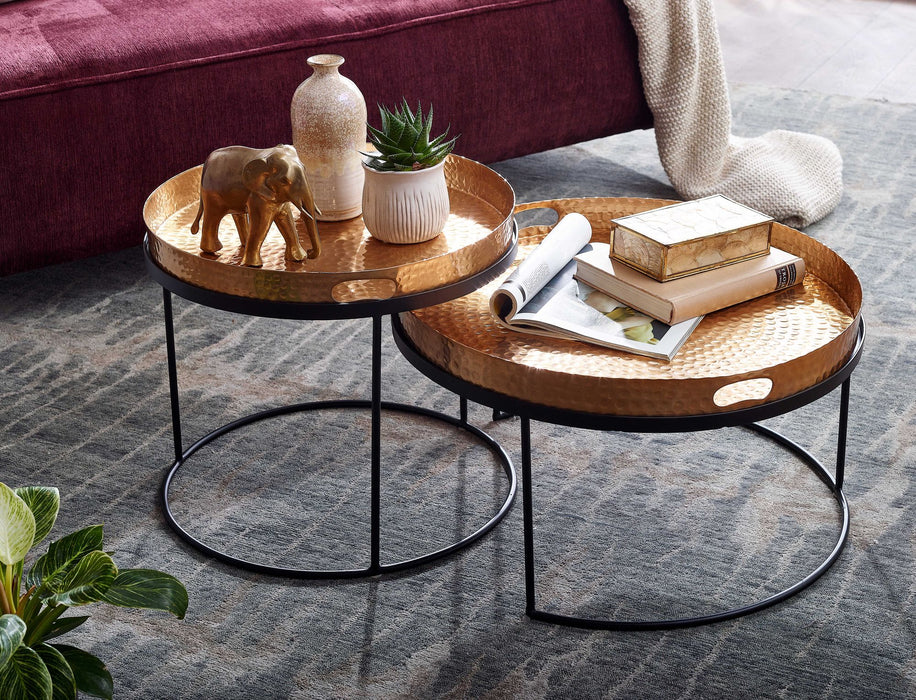 Couchtisch 2er Set Gold / Schwarz Metall Hammerschlag Satztisch Rund | Sofatisch abnehmbares Tablett | Tabletttisch Sofa 2 teilig Modern | Runder Beistelltisch - Industrieelinhuis.nl