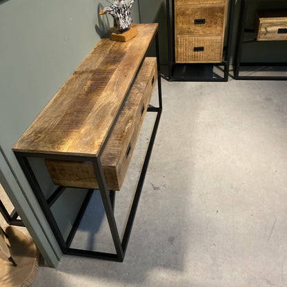 Sidetable mangohout met drie lades | Mangohout en Staal | 150x35x77