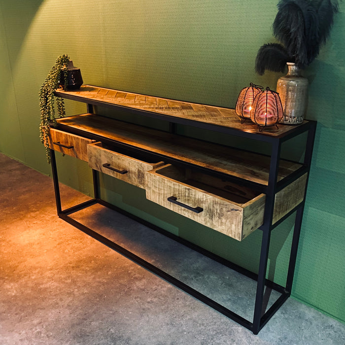 Sidetable Dressoir Jax Visgraat Industrieel Design | Mangohout en Staal | 140x30x78cm - Industrieelinhuis.nl