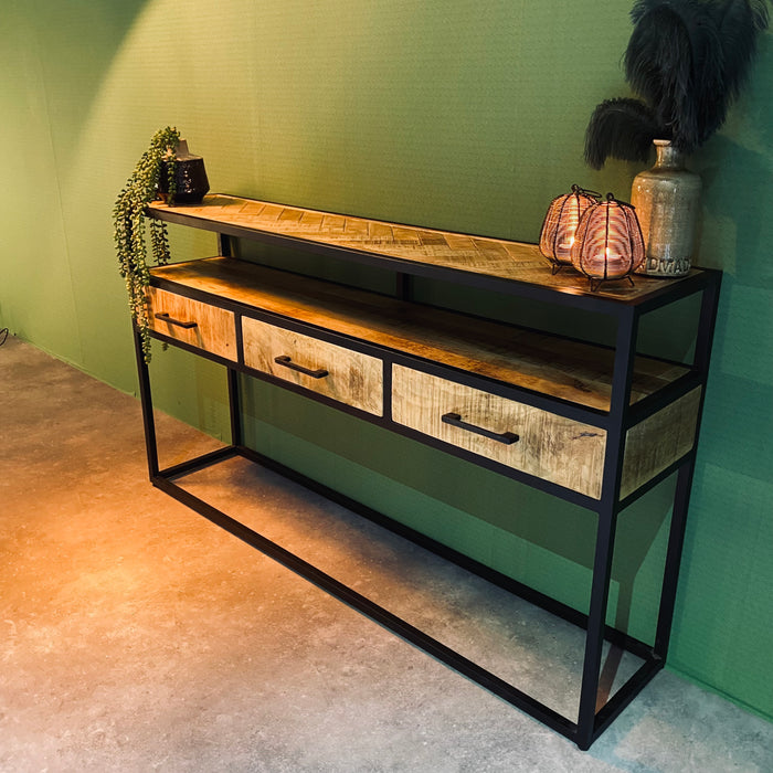 Sidetable Dressoir Jax Visgraat Industrieel Design | Mangohout en Staal | 140x30x78cm - Industrieelinhuis.nl