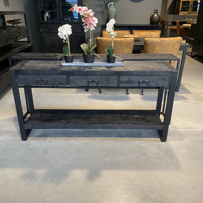 Sidetable / Dressoir met lades Industrieel Design | Zwart Mangohout en Staal | 150x35x76cm - Industrieelinhuis.nl