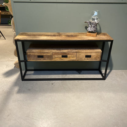 Sidetable mangohout met drie lades | Mangohout en Staal | 150x35x77