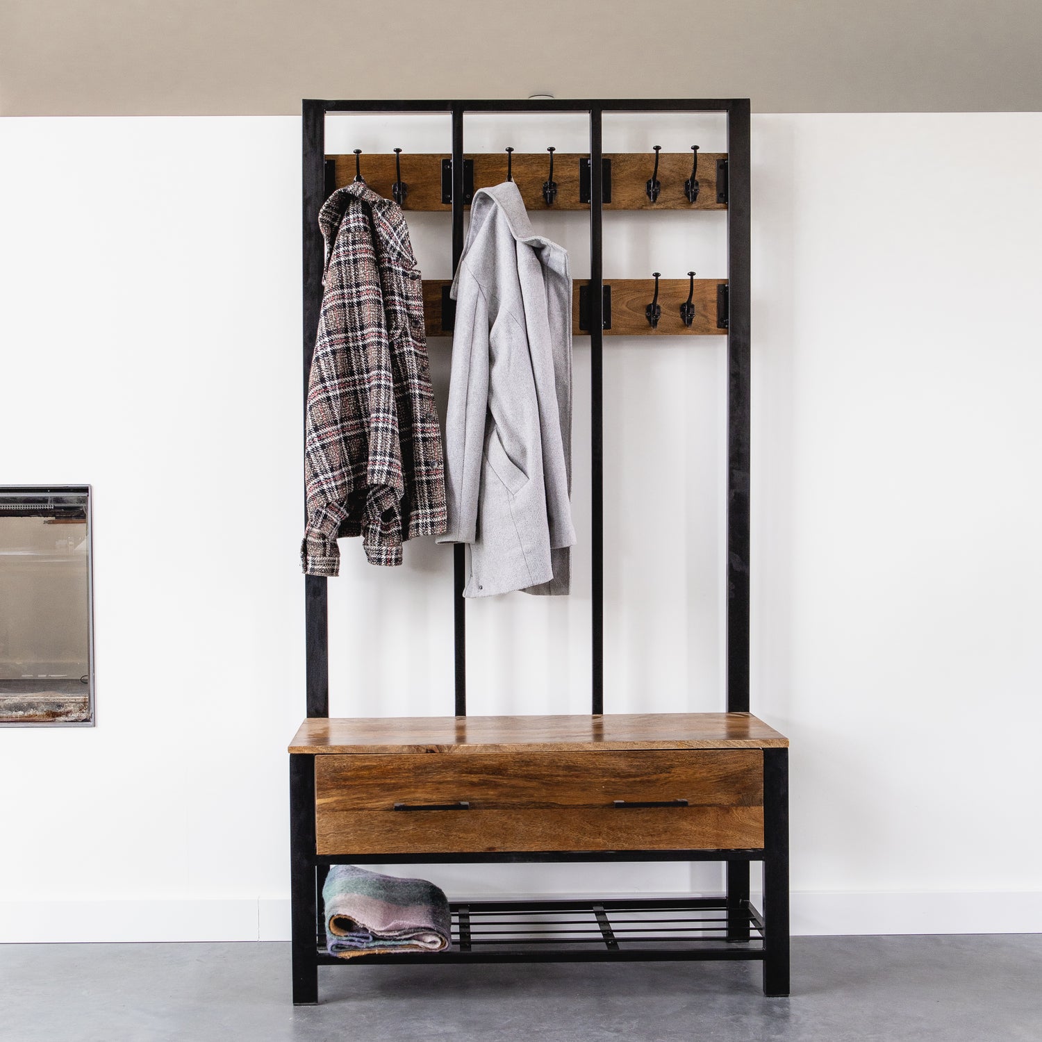 Garderoberek met Lade XL Industrieel Design | Mangohout en Staal | 100x40x190cm - Industrieelinhuis.nl