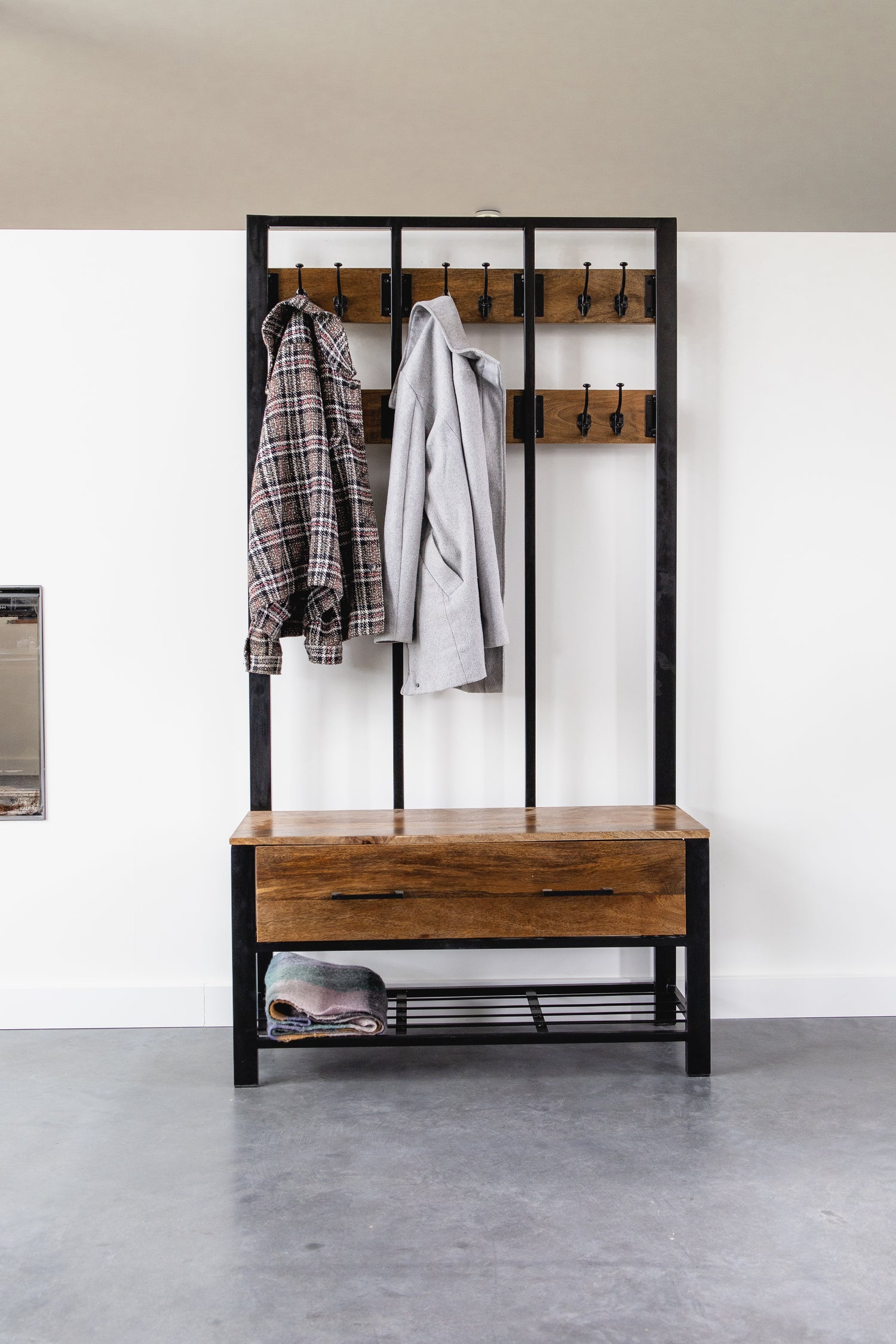 Garderoberek met Lade XL Industrieel Design | Mangohout en Staal | 100x40x190cm - Industrieelinhuis.nl