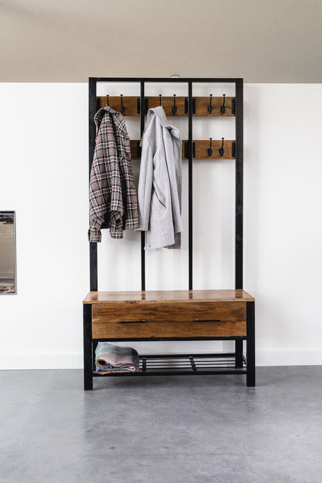 Garderoberek met Lade XL Industrieel Design | Mangohout en Staal | 100x40x190cm - Industrieelinhuis.nl