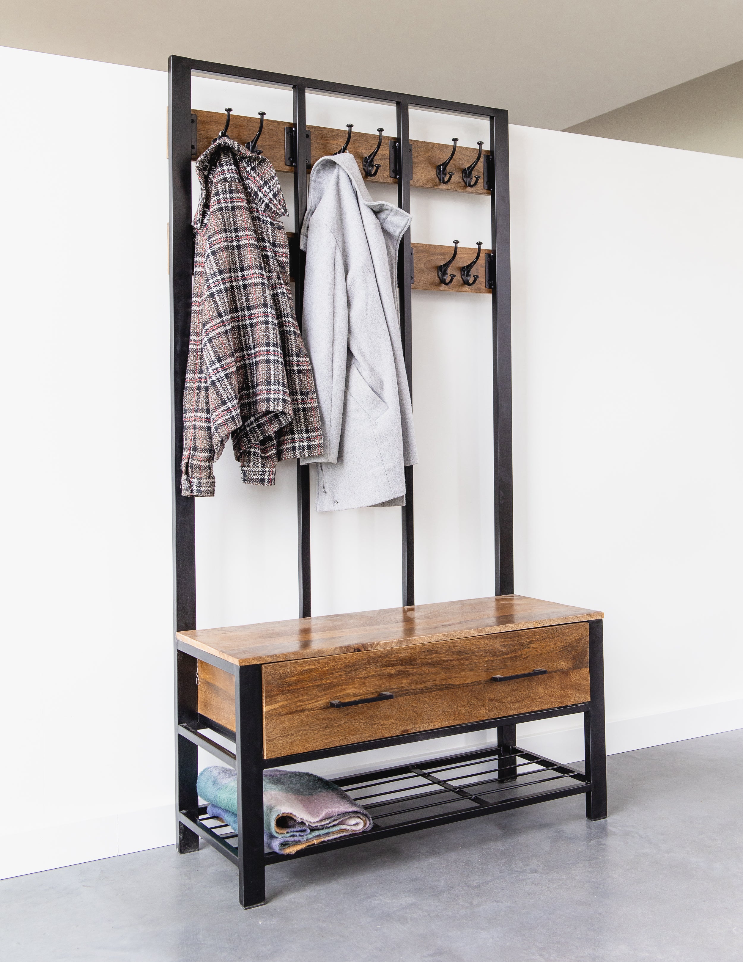 Garderoberek met Lade XL Industrieel Design | Mangohout en Staal | 100x40x190cm - Industrieelinhuis.nl