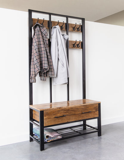 Garderoberek met Lade XL Industrieel Design | Mangohout en Staal | 100x40x190cm - Industrieelinhuis.nl