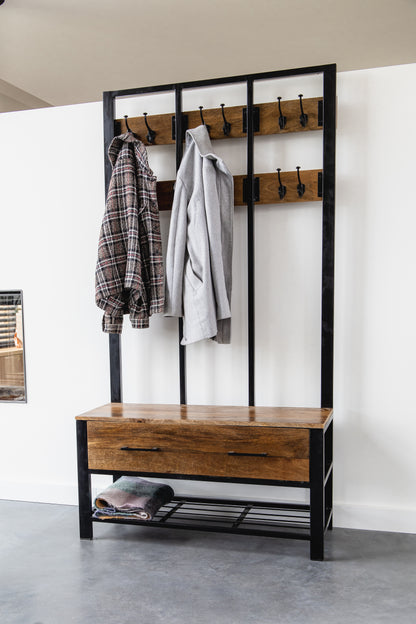 Garderoberek met Lade XL Industrieel Design | Mangohout en Staal | 100x40x190cm - Industrieelinhuis.nl