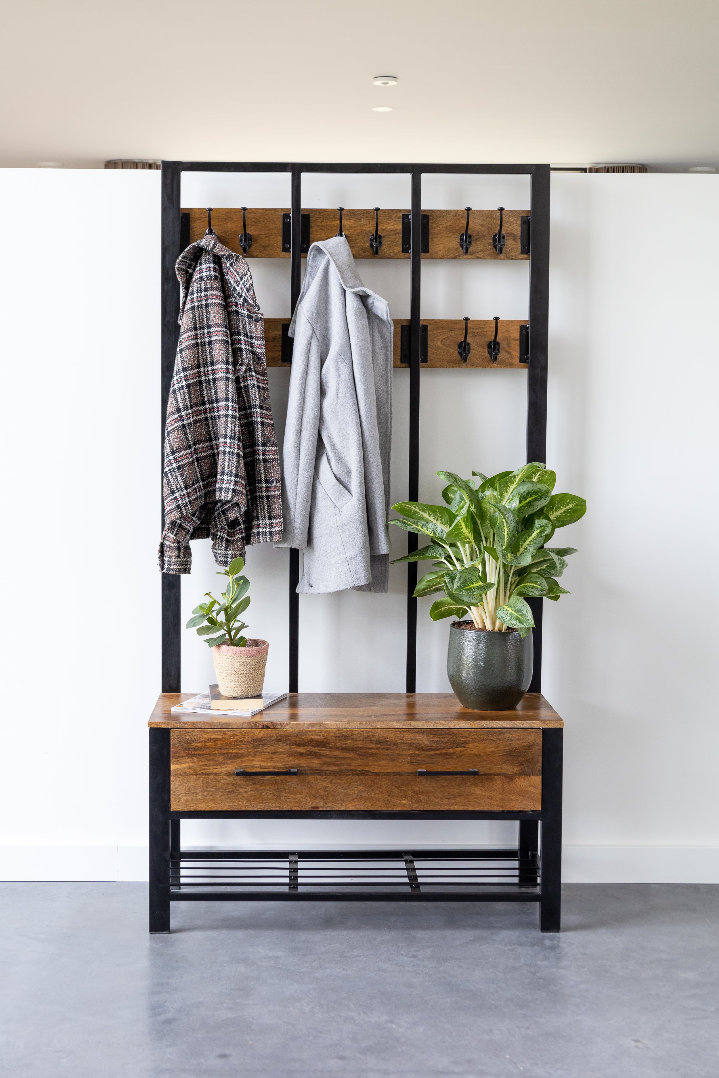 Garderoberek met Lade XL Industrieel Design | Mangohout en Staal | 100x40x190cm - Industrieelinhuis.nl