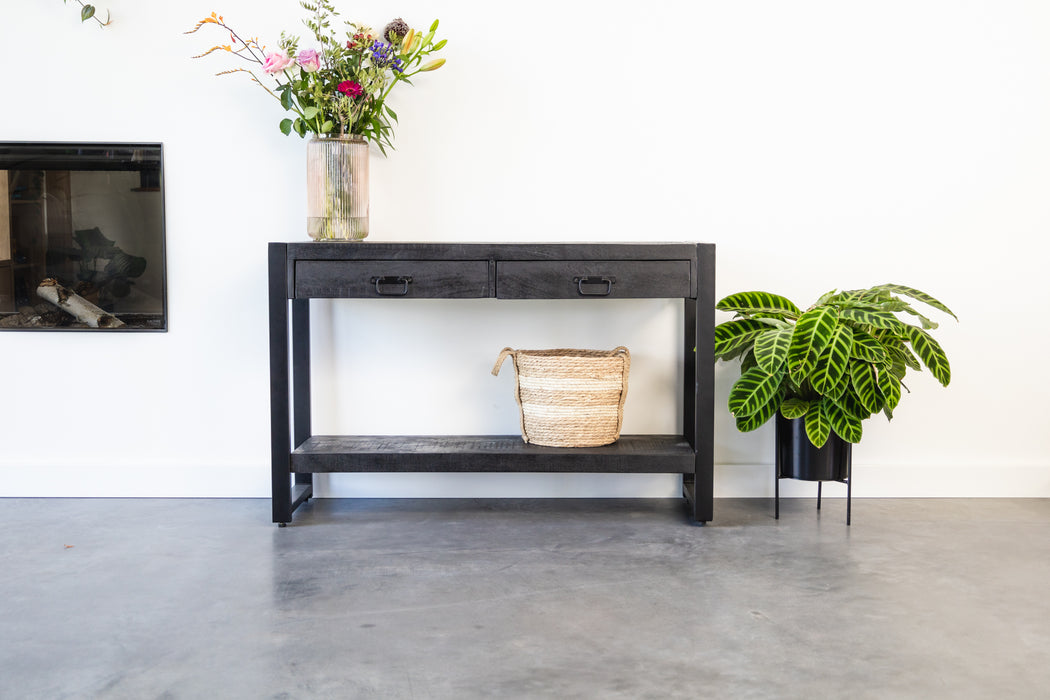 Sidetable / Dressoir met lades Industrieel Design | Zwart Mangohout en Staal | 120x35x76cm - Industrieelinhuis.nl