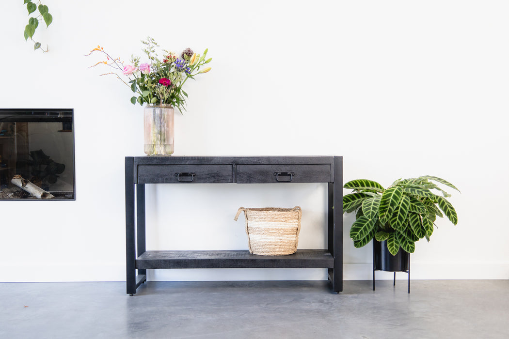 Sidetable / Dressoir met lades Industrieel Design | Zwart Mangohout en Staal | 120x35x76cm - Industrieelinhuis.nl