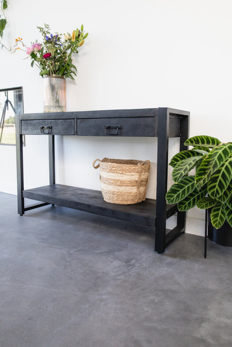 Sidetable / Dressoir met lades Industrieel Design | Zwart Mangohout en Staal | 120x35x76cm - Industrieelinhuis.nl