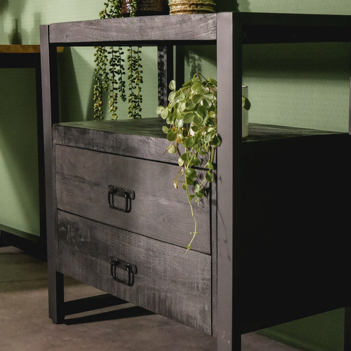 Sidetable / Dressoir Kastje 2 lades Industrieel Design | Zwart Mangohout en Staal | 80x40x80cm - Industrieelinhuis.nl