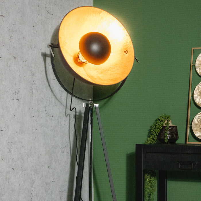 Vloerlamp / Driepoot - Studiolamp Industrieel Design | Zwart met Goud | 180cm - Industrieelinhuis.nl