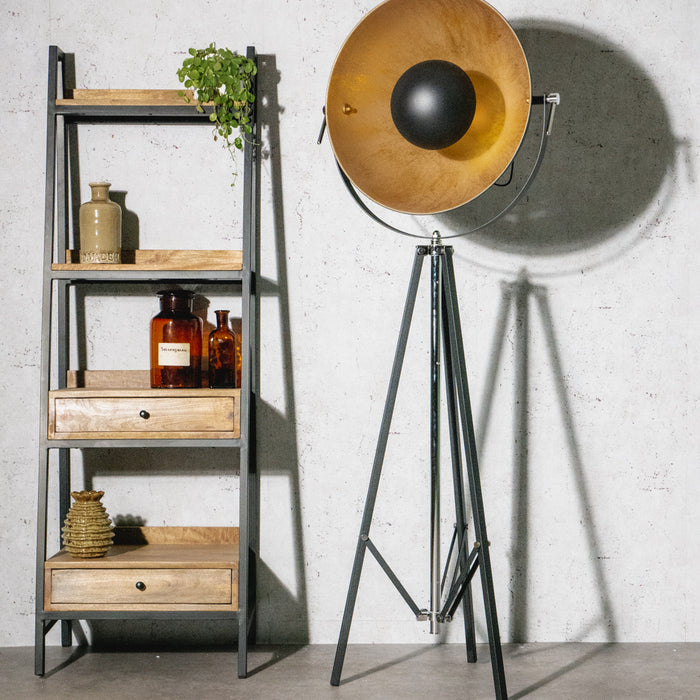 Vloerlamp / Driepoot - Studiolamp Industrieel Design | Zwart met Goud | 180cm - Industrieelinhuis.nl