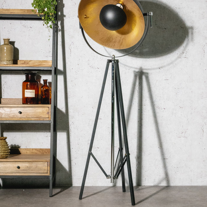 Vloerlamp / Driepoot - Studiolamp Industrieel Design | Zwart met Goud | 180cm - Industrieelinhuis.nl