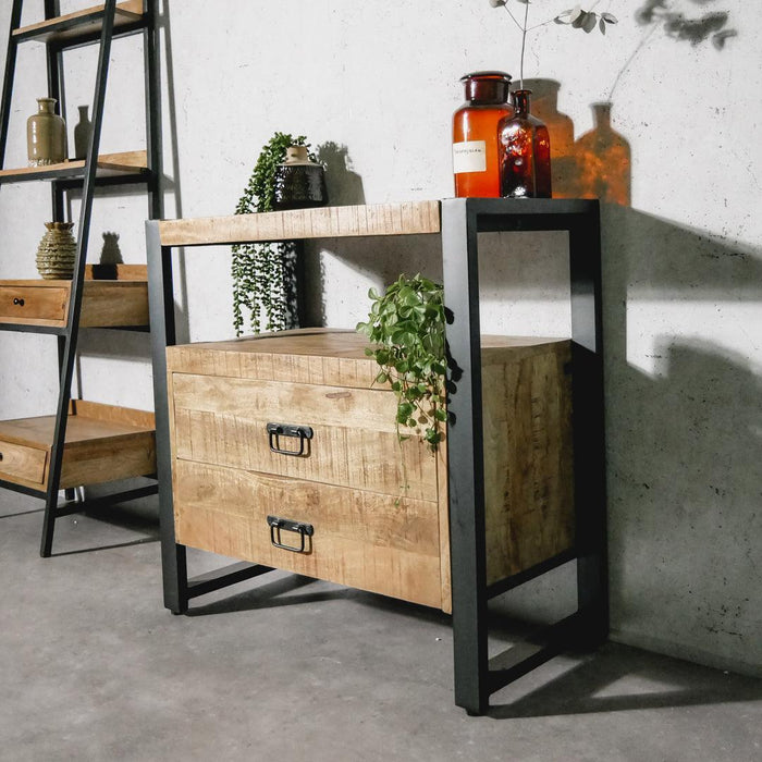Mangohout Kastje Met 2 Lades Industrieel Design Mangohout En Staal mangohout-kastje-met-2-lades-industrieel-design-mangohout-en-staal