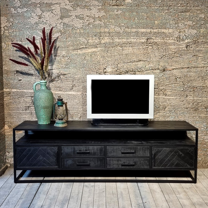 TV-meubel Jax Visgraat Industrieel Design | Zwart Mangohout en Staal | 200x45x60cm - Industrieelinhuis.nl