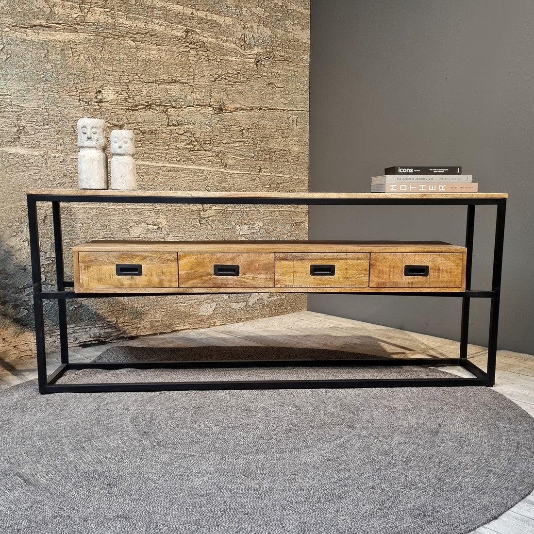 Sidetable mangohout met vier lades | Mangohout en Staal | 180x35x77