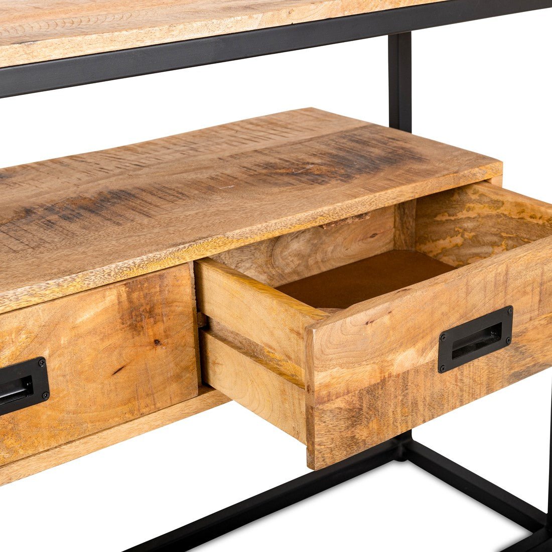 Sidetable mangohout met drie lades | Mangohout en Staal | 150x35x77