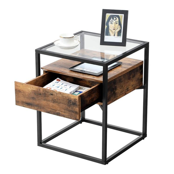Bijzettafel met blad van glas Industrieel Design | Houtlook en Staal | 43x43x54cm - Industrieelinhuis.nl