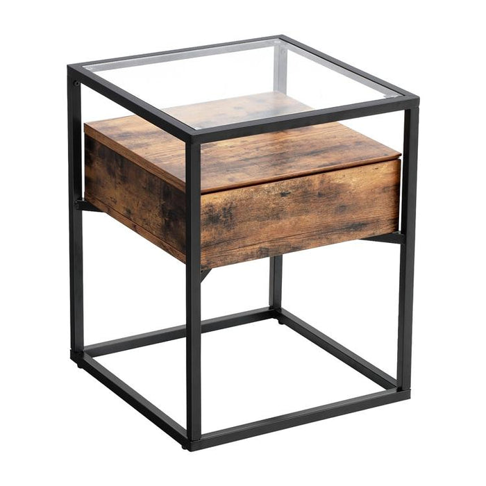 Bijzettafel met blad van glas Industrieel Design | Houtlook en Staal | 43x43x54cm - Industrieelinhuis.nl