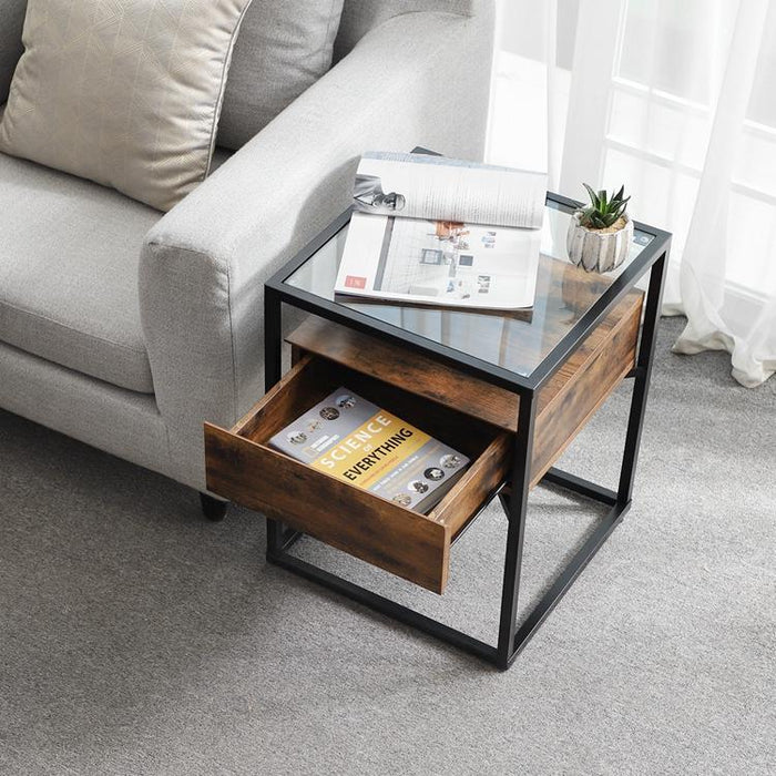 Bijzettafel met blad van glas Industrieel Design | Houtlook en Staal | 43x43x54cm - Industrieelinhuis.nl
